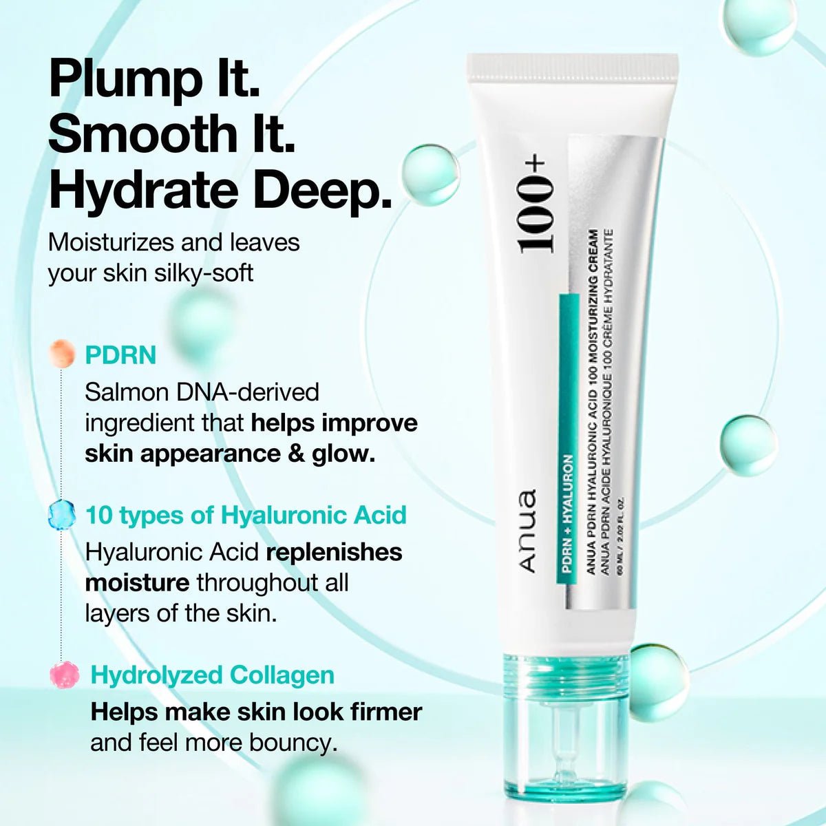 Anua PDRN Hyaluronic 100 moisturizing cream tube standing beside teal gel droplets