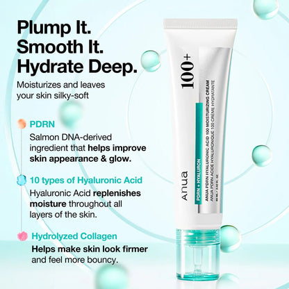 Anua PDRN Hyaluronic 100 moisturizing cream tube standing beside teal gel droplets