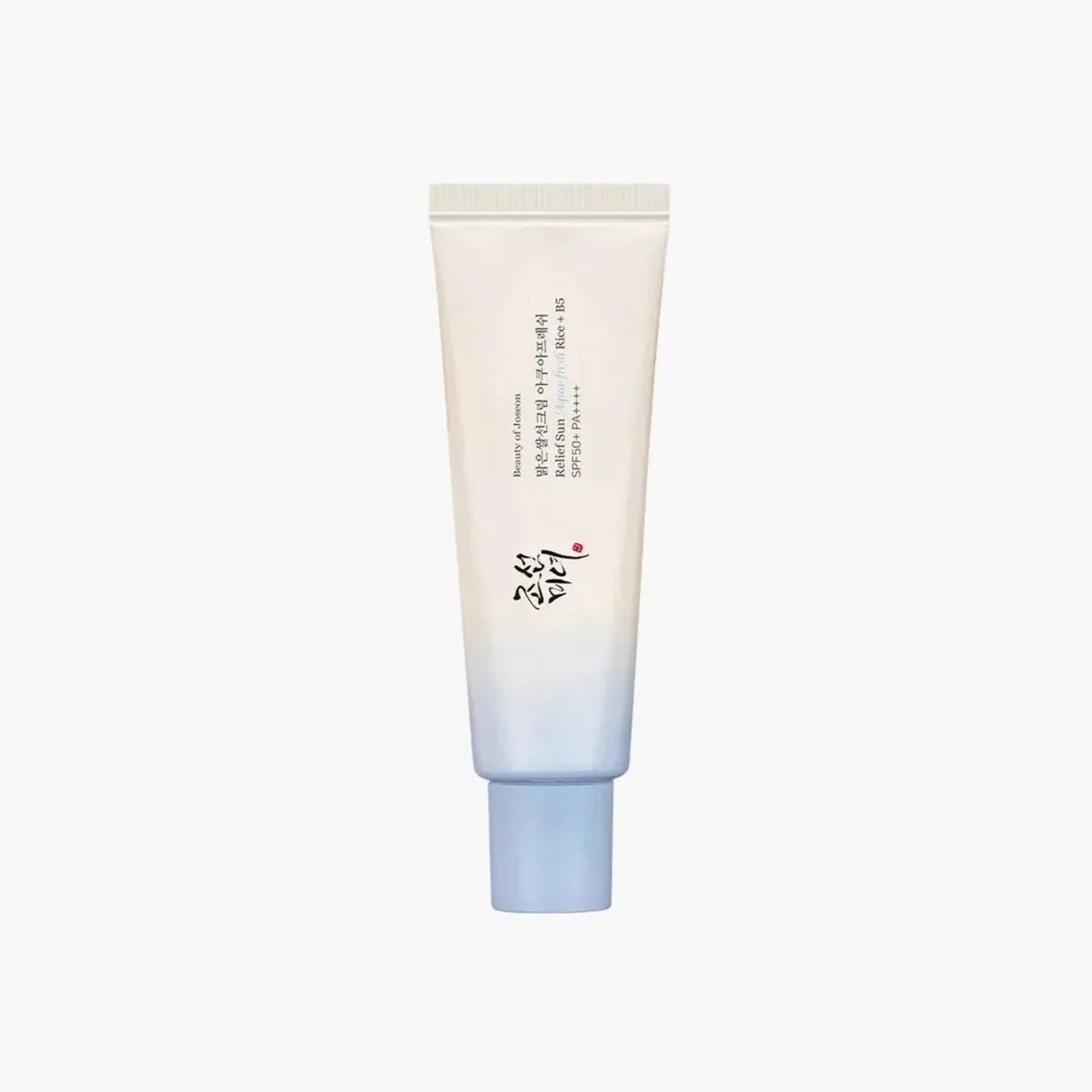 Light blue sunscreen tube with white cream-colored front label