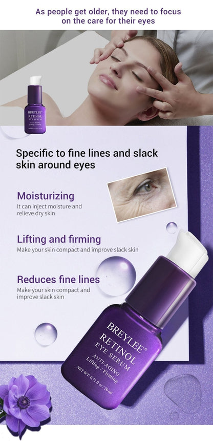 Purple retinol eye serum bottle with white pump and eye area inset