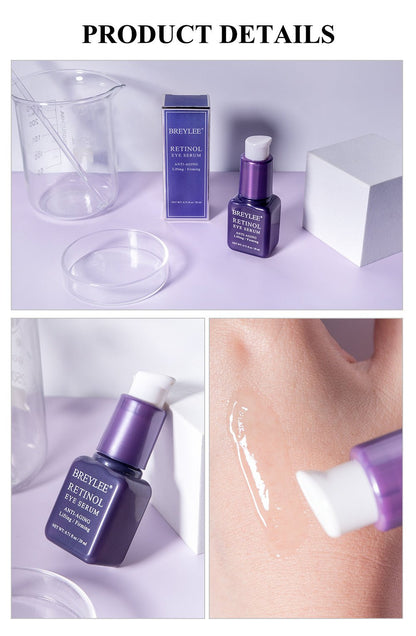 Purple eye serum bottle with close-up drop applicator detail