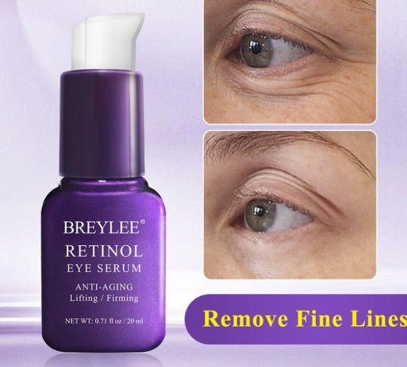 Purple retinol eye serum bottle with white pump cap