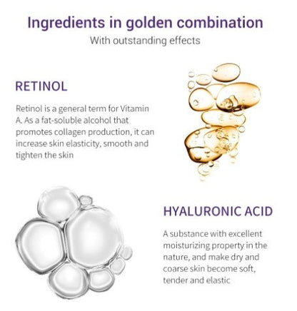 Retinol and hyaluronic acid ingredient illustrations on a serum label