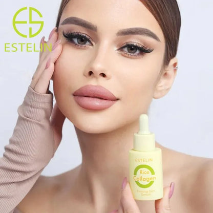 Woman holding ESTELIN rice collagen firming face serum dropper bottle