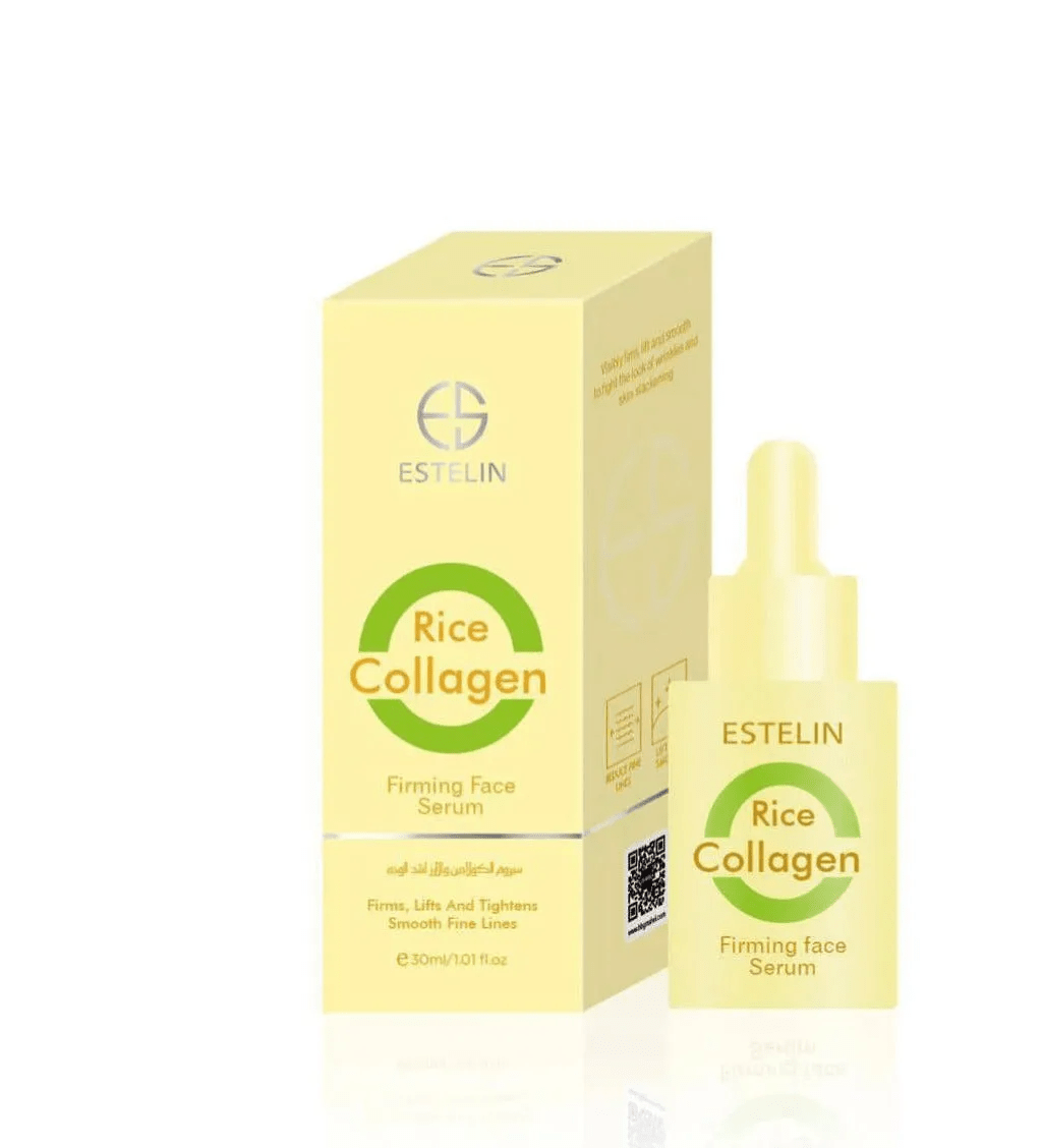 ESTELIN rice collagen firming face serum, yellow box and dropper bottle