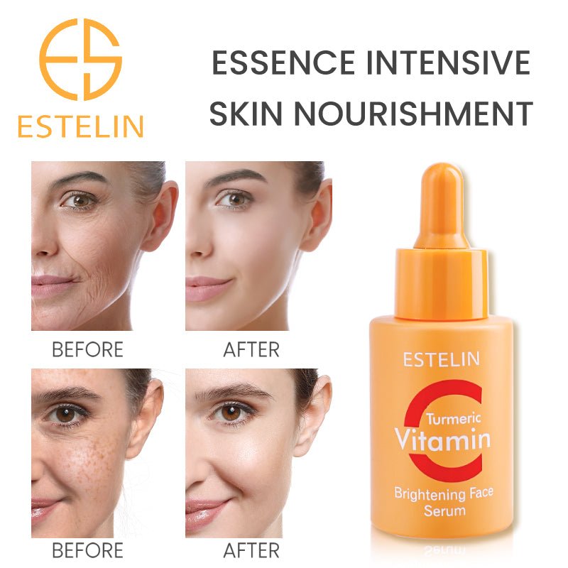 ESTELIN turmeric vitamin face serum bottle with before/after face photos
