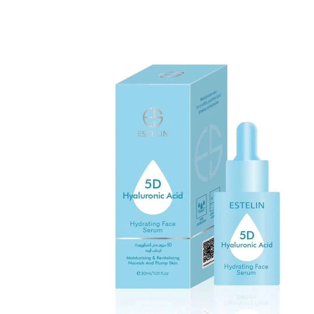 ESTELIN 5D hyaluronic acid hydrating face serum, blue box and dropper bottle