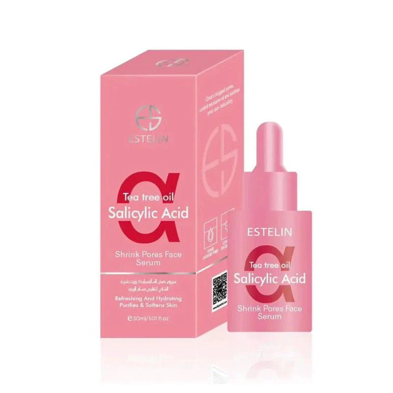 ESTELIN tea tree oil salicylic acid shrink pores serum, pink box and bottle
