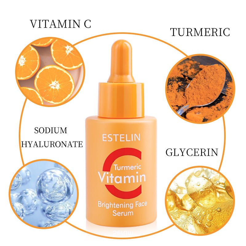 ESTELIN turmeric vitamin face serum bottle with vitamin C and hyaluronic icons