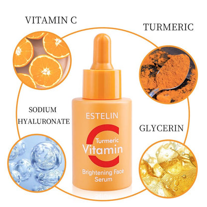 ESTELIN turmeric vitamin face serum bottle with vitamin C and hyaluronic icons