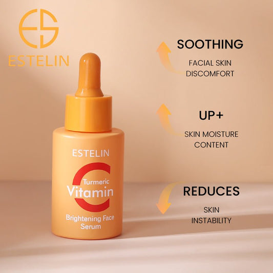 ESTELIN brightening face serum, orange dropper bottle with benefit text