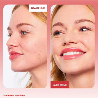 Dark CC cream on face with even, smooth finish in side-by-side before and after