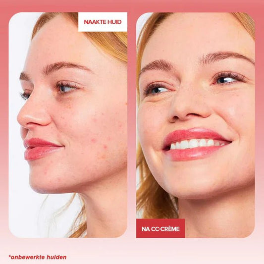 Dark CC cream on face with even, smooth finish in side-by-side before and after