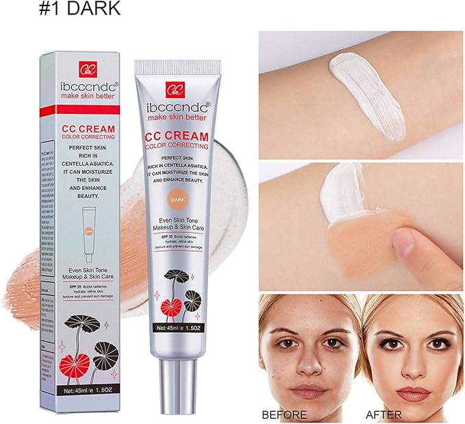 Dark CC cream tube with skin swatch and before/after portraits for even coverage