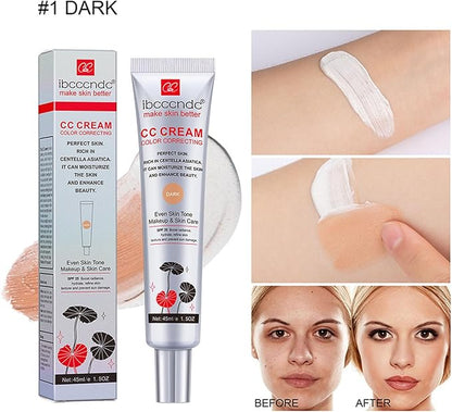 Dark CC cream tube with skin swatch and before/after portraits for even coverage