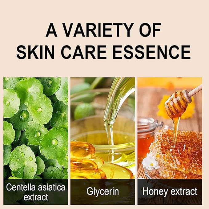 Skin care essence graphic showing centella extract, glycerin, and honey extract