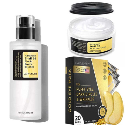 Snail mucin power essence bottle, cream jar, and gold under-eye patch packets