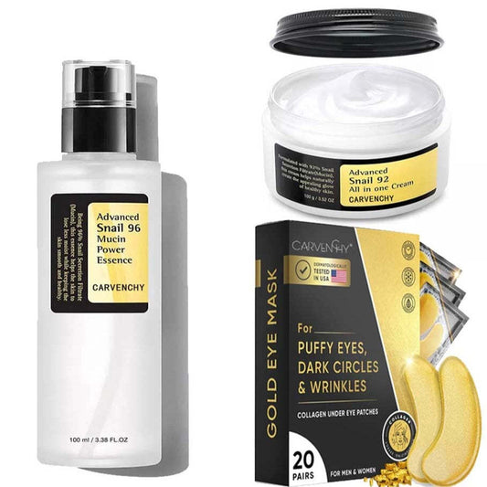 Snail mucin power essence bottle, cream jar, and gold under-eye patch packets