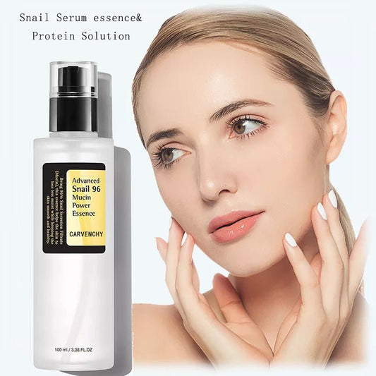 Snail mucin essence serum bottle with pump, shown beside face