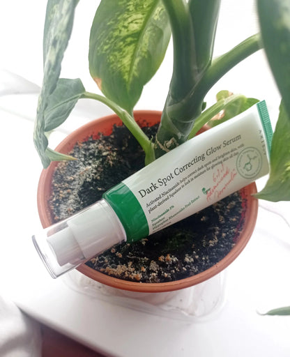 Dark spot correcting glow serum tube with green cap on potted soil