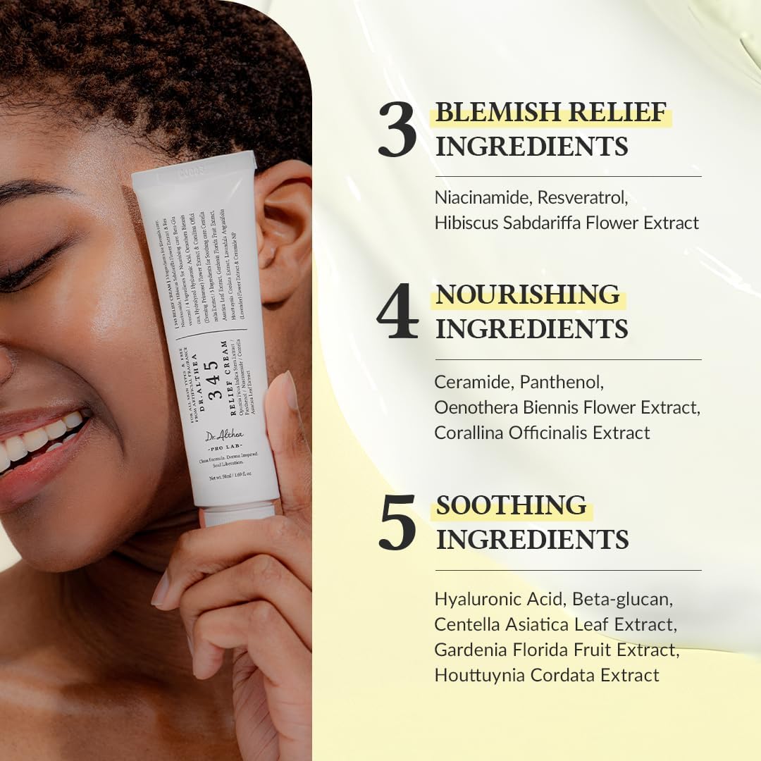 White cream tube near smiling face, '345 Relief Cream' text on label