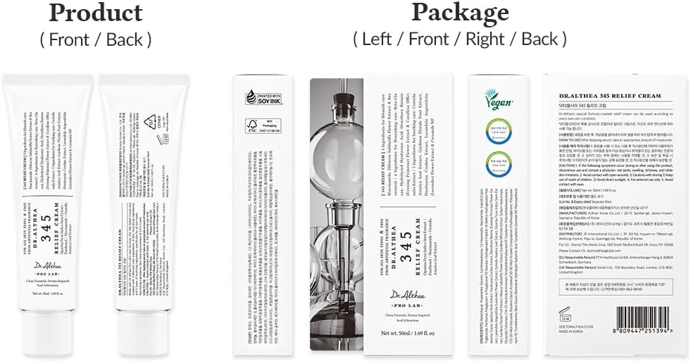 Cream tube package showing front and back labels, '345 Relief Cream'