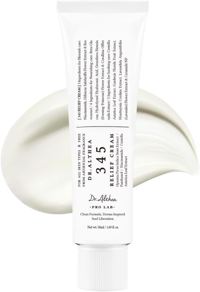 White skincare cream tube with screw cap, labeled '345 Relief Cream'