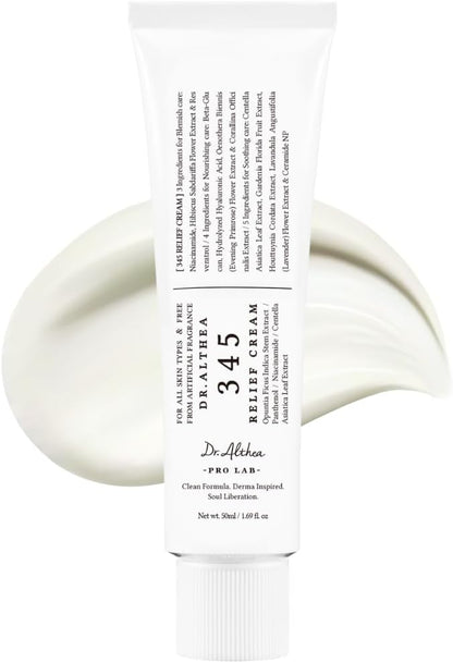 White skincare cream tube with screw cap, labeled '345 Relief Cream'