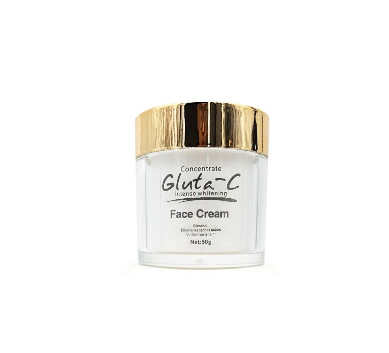 Gluta-C face cream jar with gold lid and white label