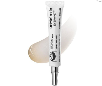 Eyephalt eye cream tube with silver nozzle, showing pale cream gel at the tip