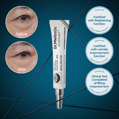 Eyephalt eye cream tube with under-eye care badges and certification seals