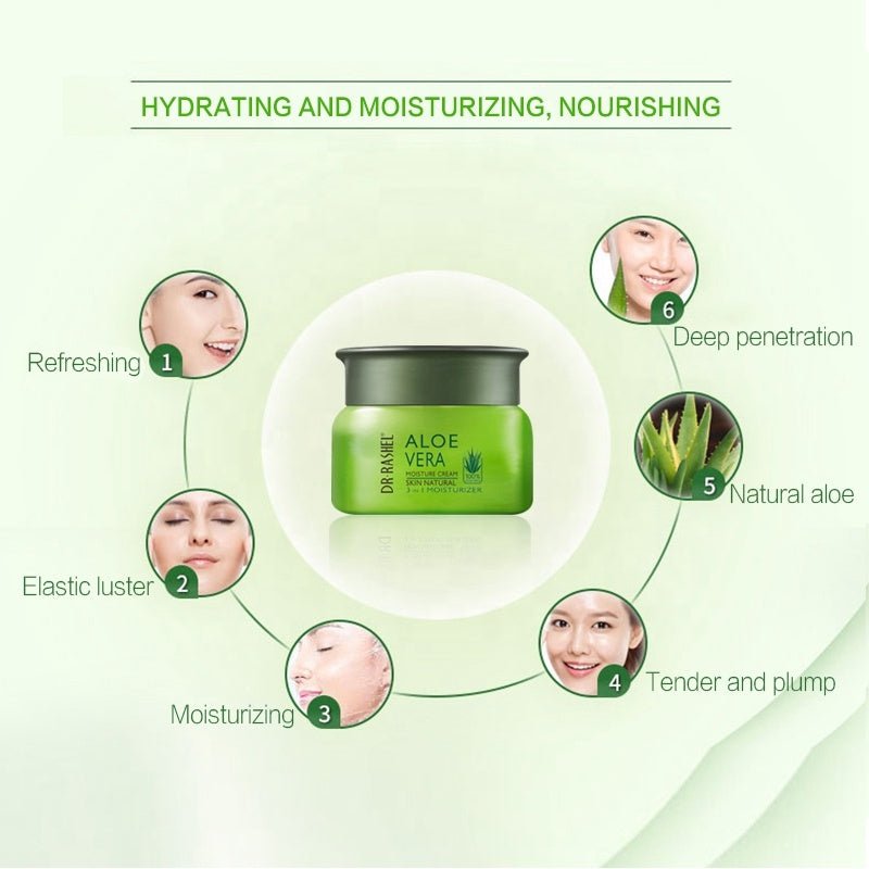 Dr.Rashel Aloe Vera moisture cream jar with ingredient benefits graphic