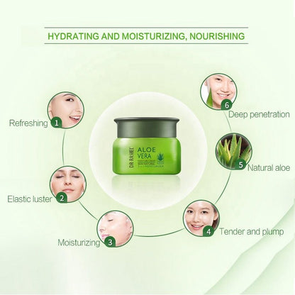 Dr.Rashel Aloe Vera moisture cream jar with ingredient benefits graphic