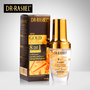 Dr Rashel Gold 8-in-1 serum bottle with gold cap and white bottle packaging box.