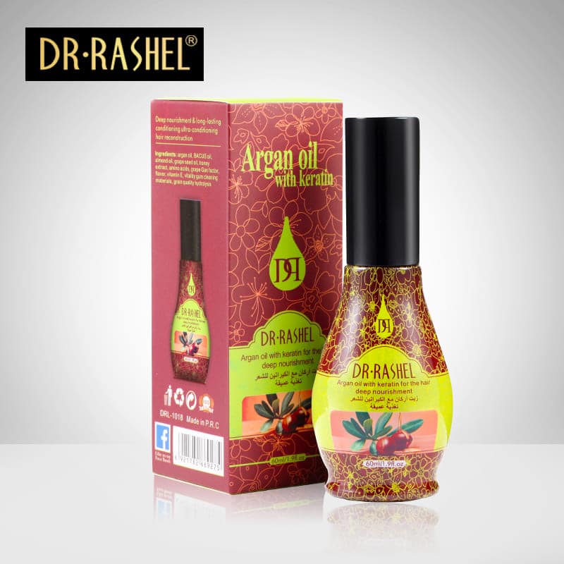 Dr Rashel Argan oil with Keratin set: black-capped serum bottle and matching box.