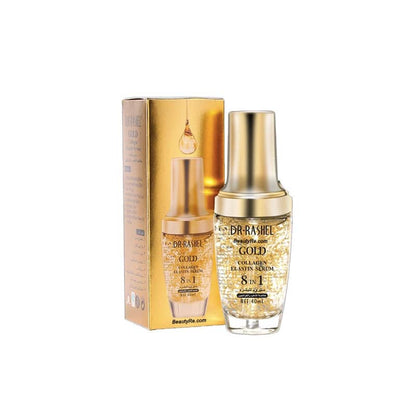 Dr Rashel Gold 8-in-1 serum bottle with gold cap and tall gold packaging box.