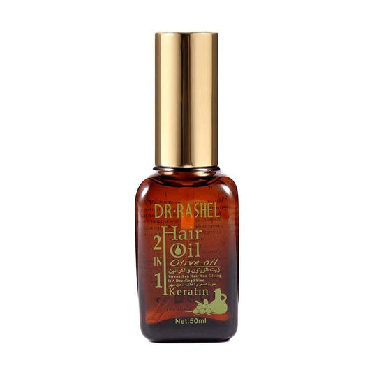 Dr Rashel hair oil bottle with gold cap and amber-red liquid, 50 ml.
