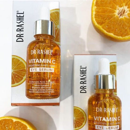 Vitamin C eye serum bottle and box, amber-orange serum, DR-RASHEL