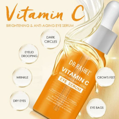 Vitamin C eye serum bottle with dropper, golden-orange liquid, DR-RASHEL