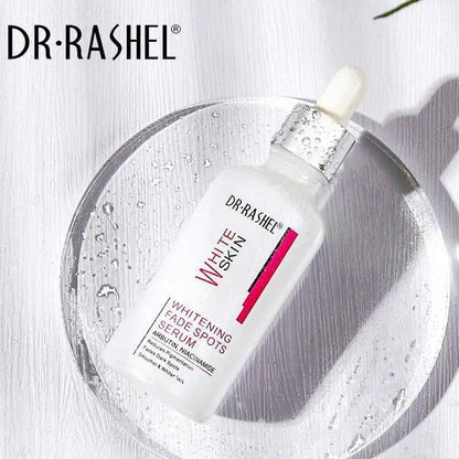 DR-RASHEL whitening fade spot serum bottle with dropper, splashes of water around it