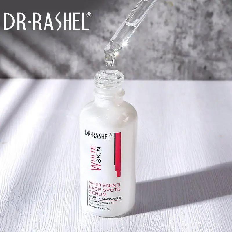 DR-RASHEL whitening fade spot serum bottle with dropper tip holding clear liquid