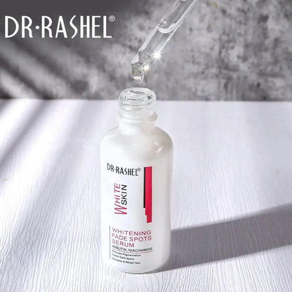 DR-RASHEL whitening fade spot serum bottle with dropper tip holding clear liquid