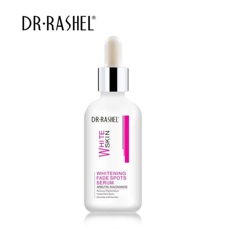 DR-RASHEL whitening fade spot serum bottle with dropper, white bottle and silver cap