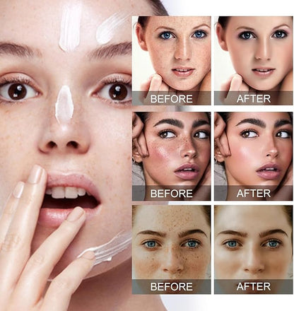 Facial cream being applied, with multi-panel before and after skin results