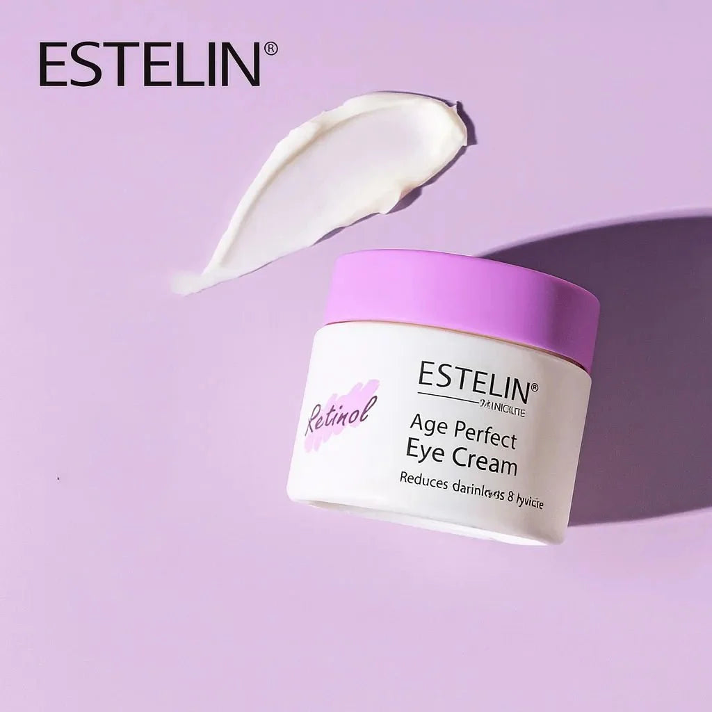 Retinol eye cream jar with purple lid and white cream swatch