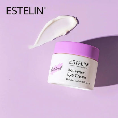 Retinol eye cream jar with purple lid and white cream swatch