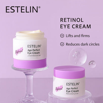 Age Perfect eye cream jars with purple bases, plus retinol eye cream text