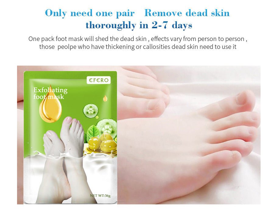 Exfoliating foot mask sachets with close-up bare feet, EFERO
