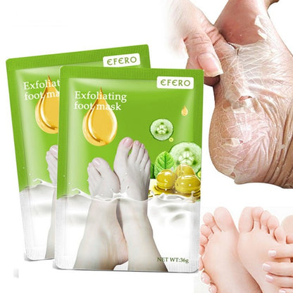 Exfoliating foot mask sachets with hands and bare feet, EFERO brand