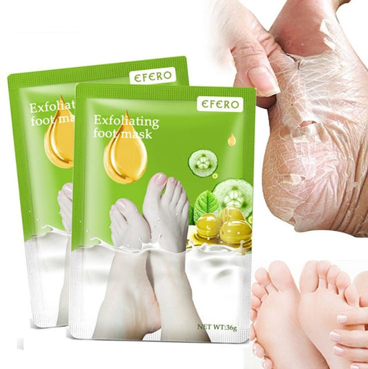 Exfoliating foot mask sachets with hands and bare feet, EFERO brand